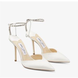 Jimmy Choo Saeda 100 Ivory Satin Pumps with Crystal Embellishment size 39.5